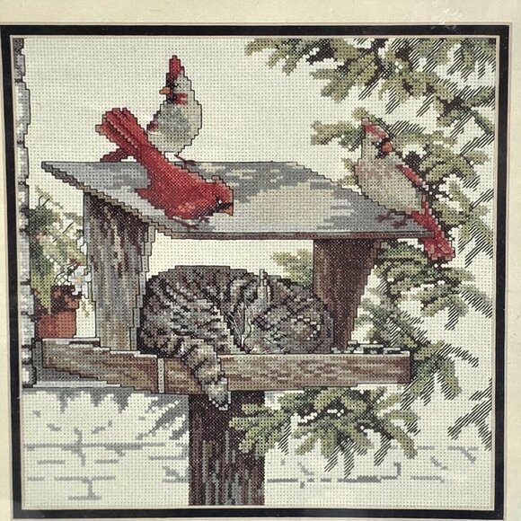 Needle Treasures Caught Napping Cat in Bird Feeder Cardinal Counted Cross Stitch - Picture 2 of 4